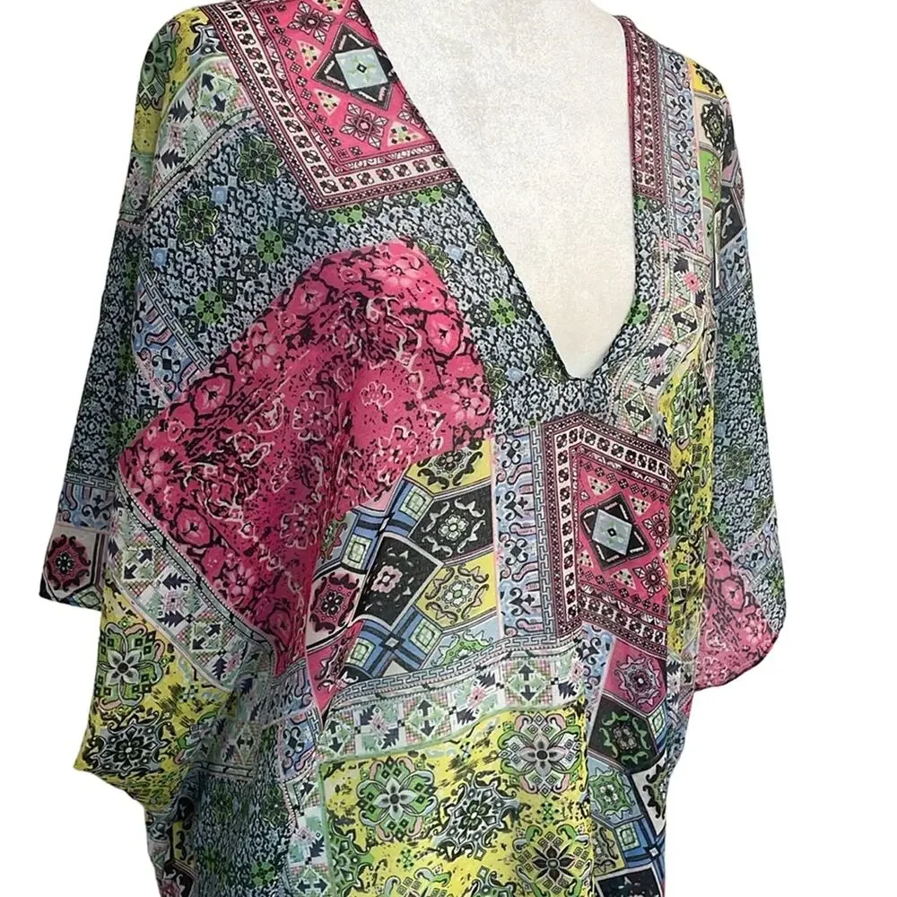 NWT Subtle Luxury Pool To Party Print Sheer Handkerchief Hem Coverup Kaftan O/S - Picture 2 of 9